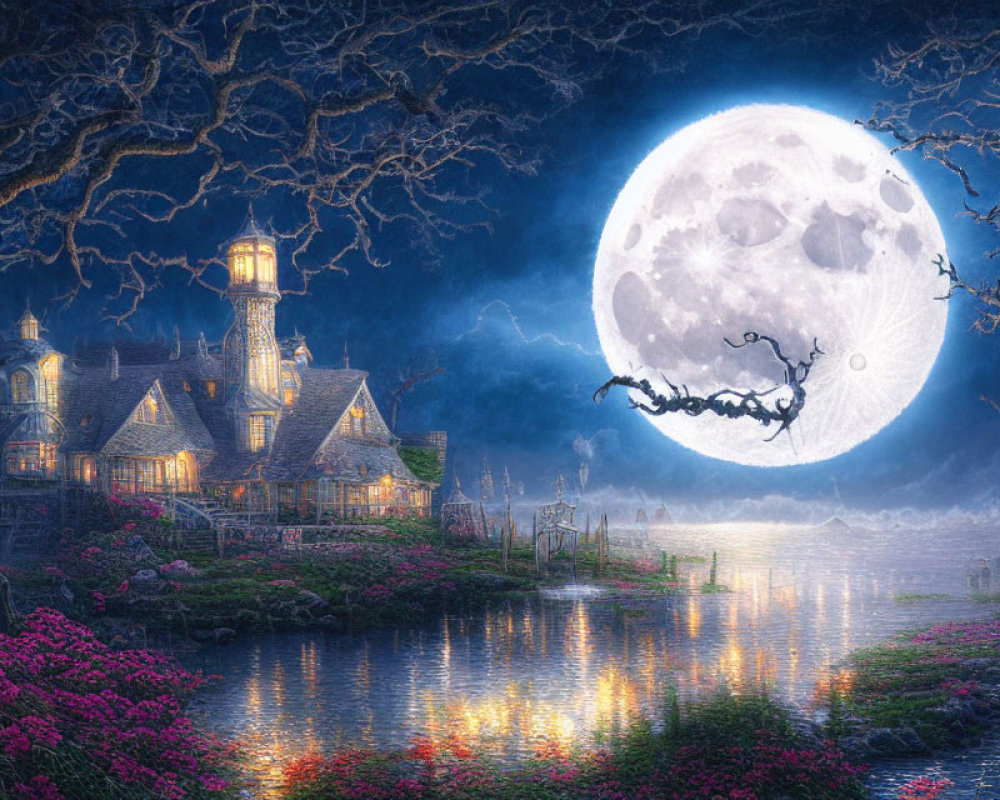 Fantasy landscape with large moon, flying sleigh, illuminated house, river, trees, pink flowers