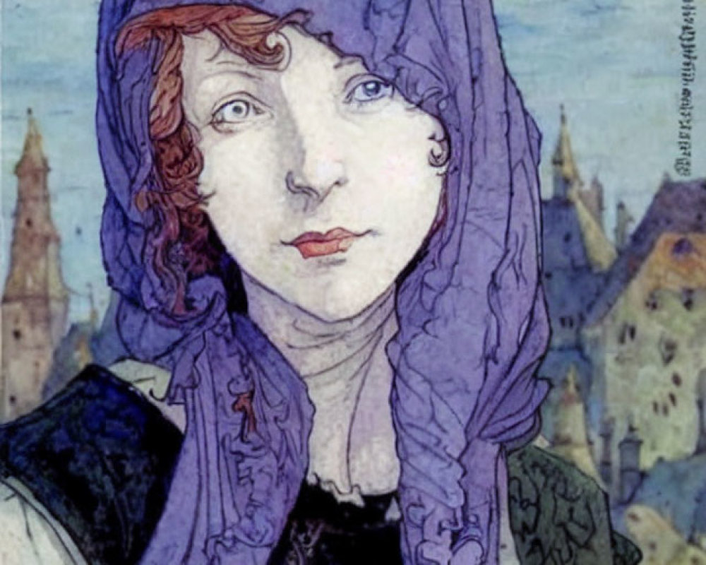 Woman with Curly Hair in Purple Cloak Contemplating Medieval Buildings