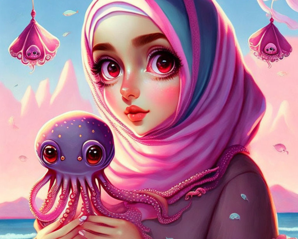 Girl in hijab holding octopus plush in whimsical sea scene