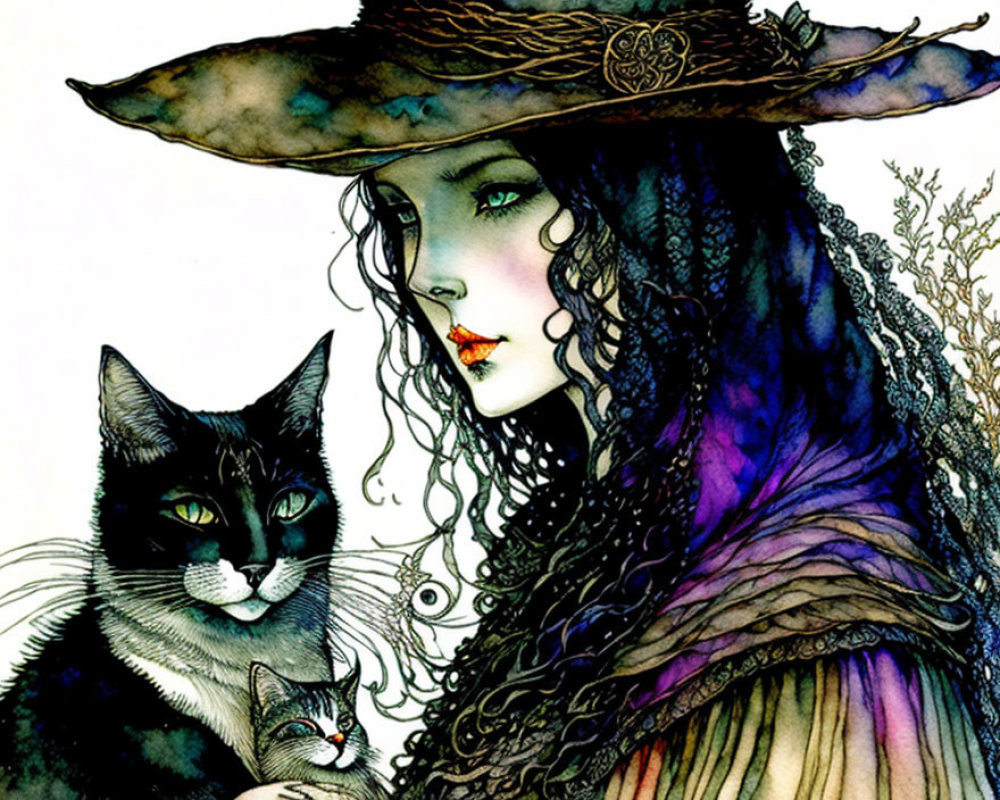 Stylized illustration of woman in wide-brimmed hat with intricate designs and cat