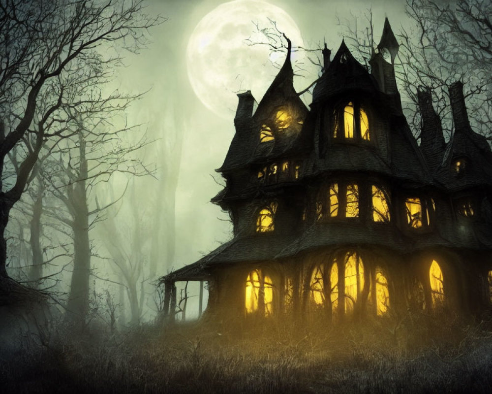 Spooky Victorian house with glowing windows in misty forest
