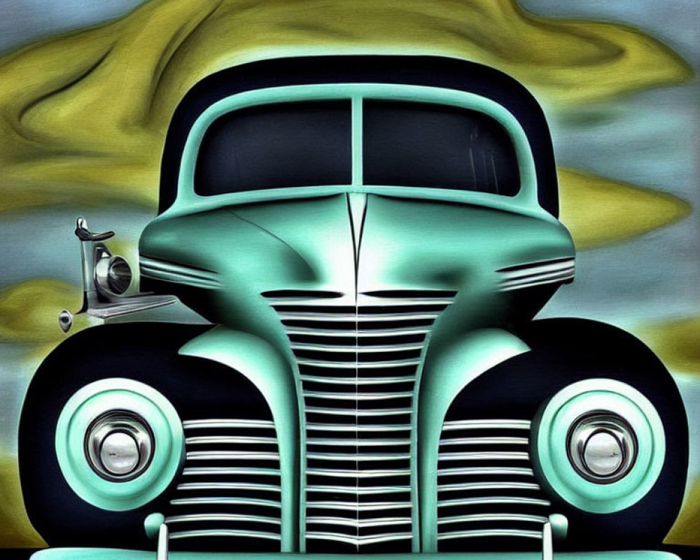 Stylized teal and gray classic car on swirling yellow backdrop