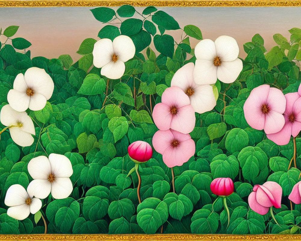 Vibrant blooming field painting with green leaves and pink flowers