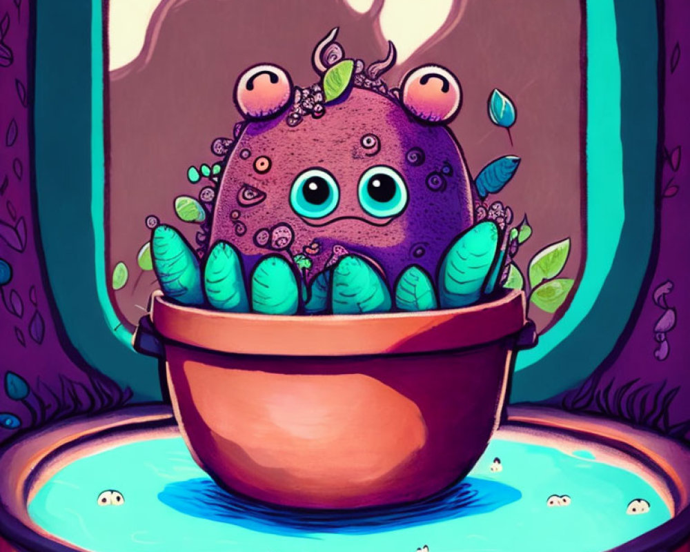 Purple Octopus-Like Creature in Pot Surrounded by Plants and Small Creatures