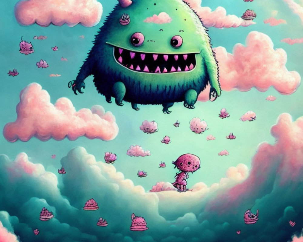 Illustration: Giant green monster with one eye, small humanoid, pink-winged creatures