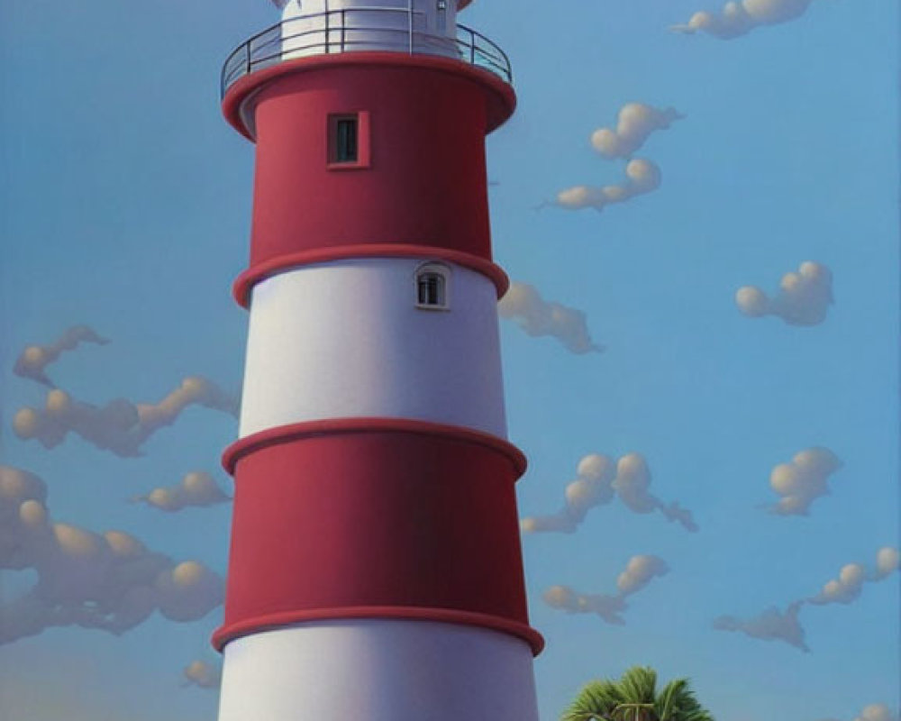 Red and White Striped Lighthouse Painting with Curved Horizon and Serene Sky