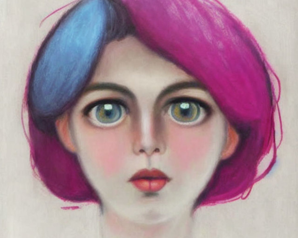 Stylized female portrait with big eyes and colorful hair on pale backdrop