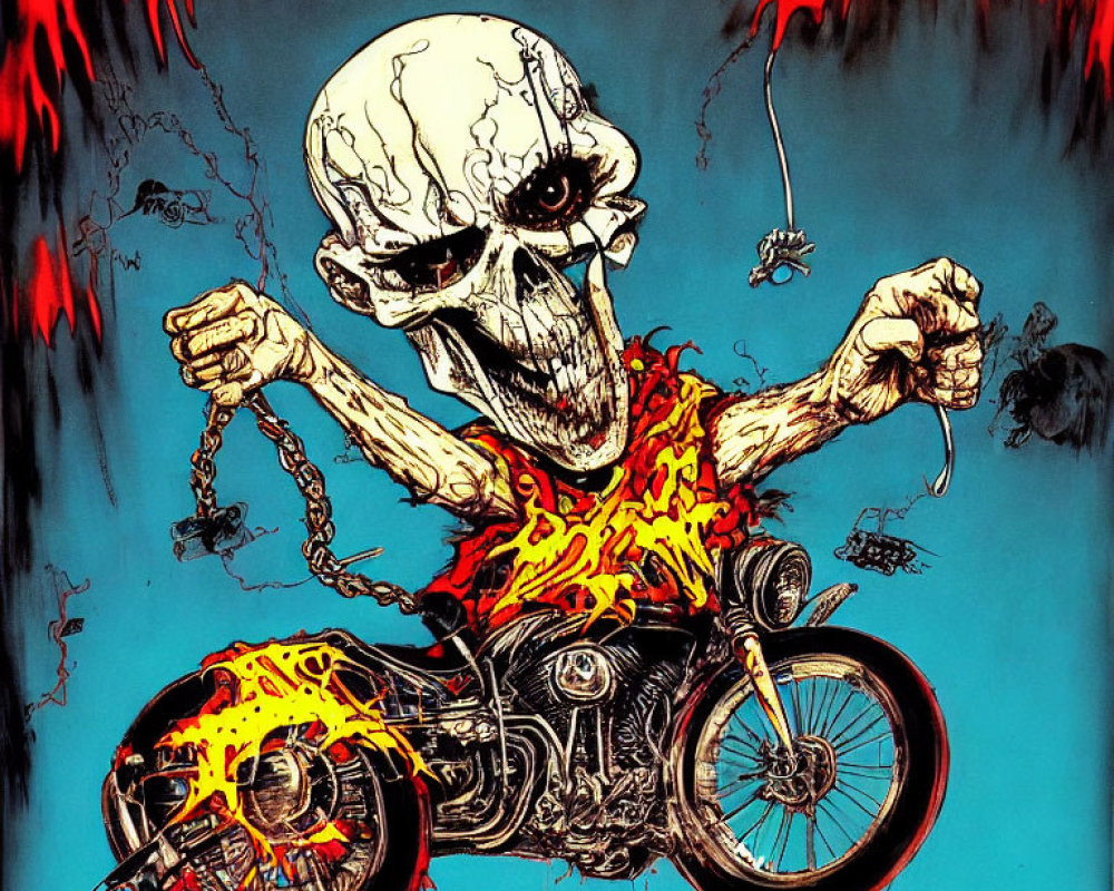 Detailed Skeleton Biker Artwork with Fiery Shirt and Spooky Background