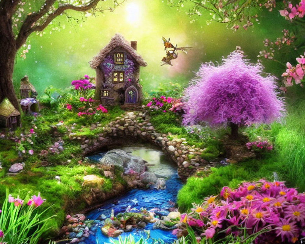 Enchanting fairy tale landscape with stone house, vibrant flowers, small bridge, lush trees, and