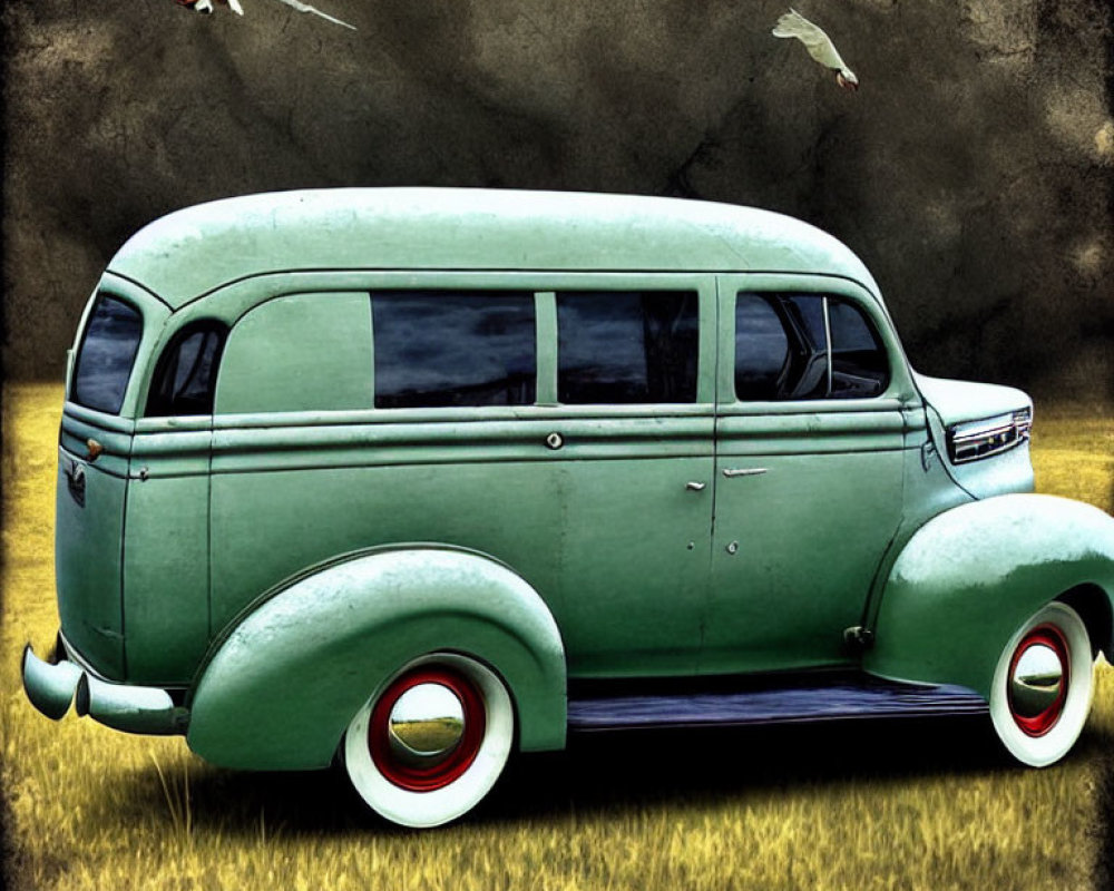 Vintage Green Panel Van Parked in Grassy Field with Flying Birds