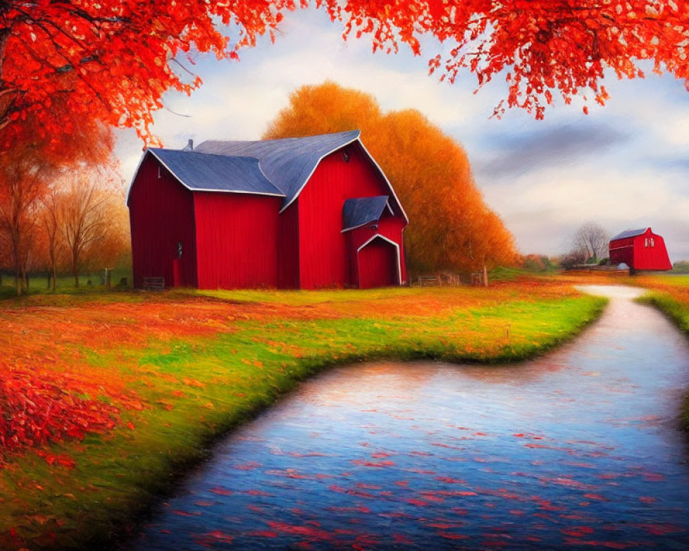 Scenic autumn landscape with river, red barns, and fiery trees