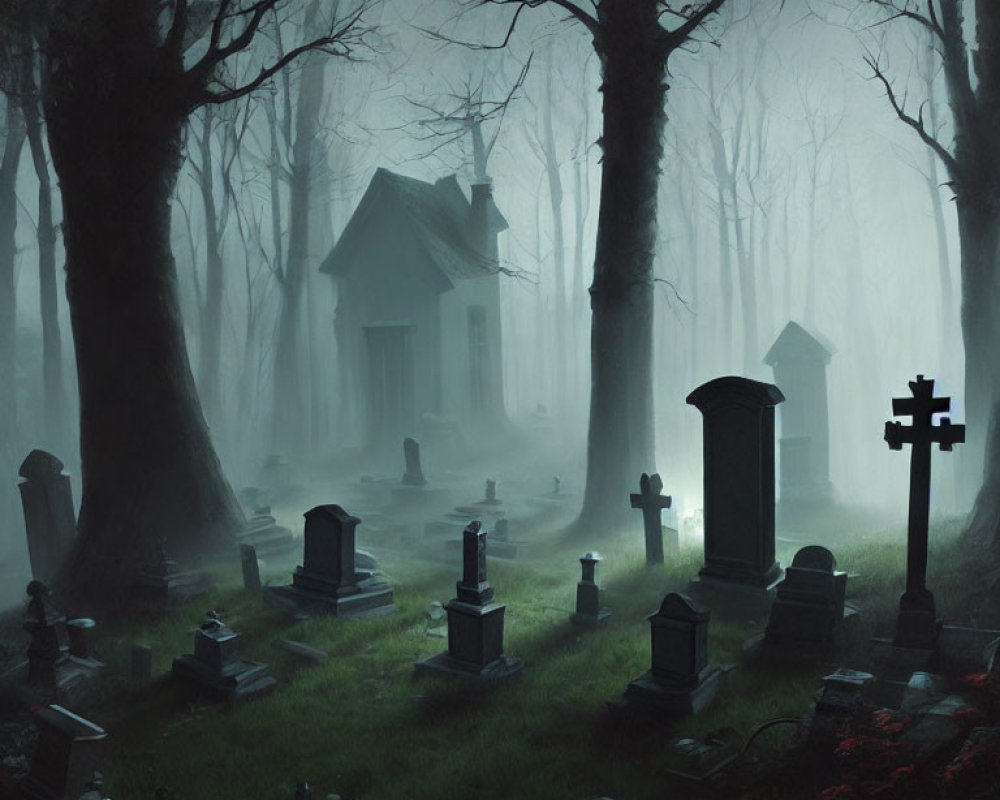 Eerie graveyard with tombstones and chapel in misty fog