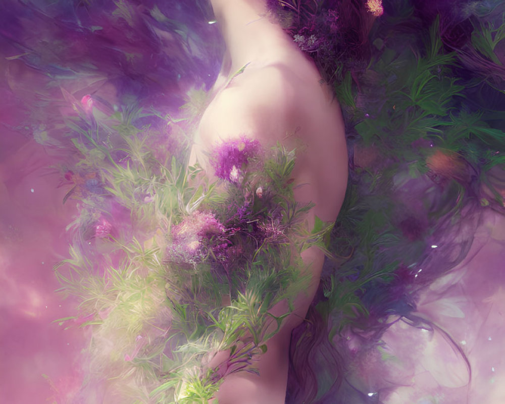 Woman with vibrant flowers and foliage in surreal artwork