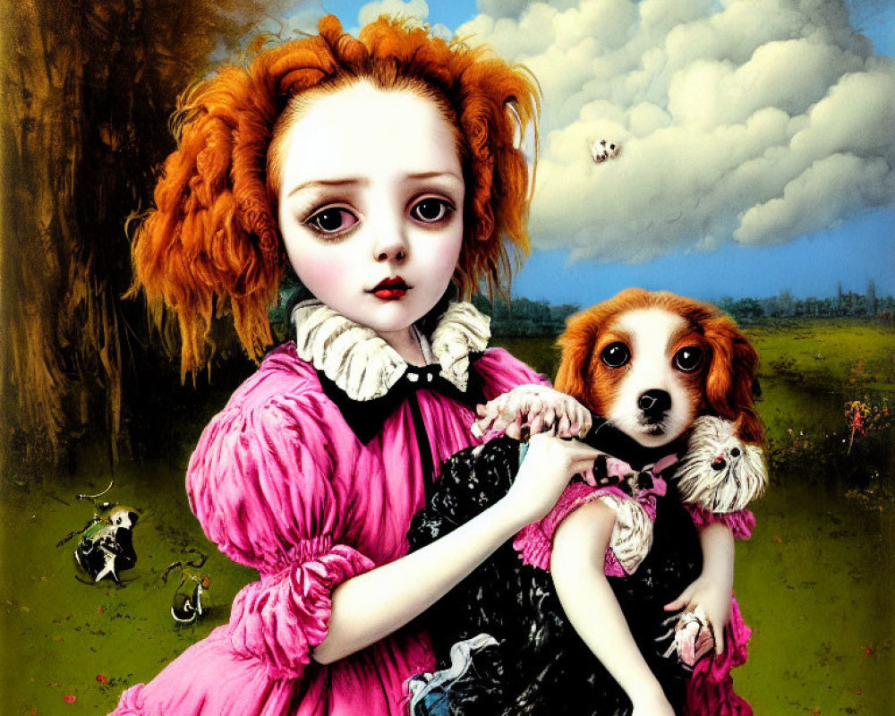 Red-haired doll-like girl with big eyes holding a spaniel puppy in surreal setting