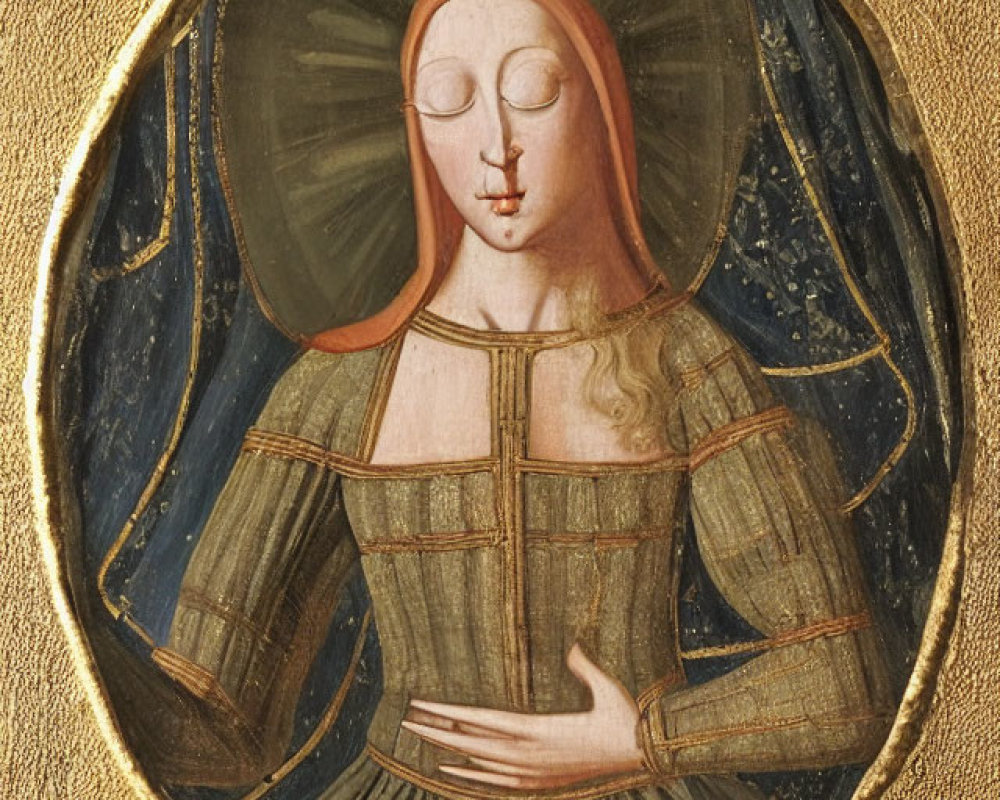 Medieval-style painting of saintly figure with halo in gold-leaf frame