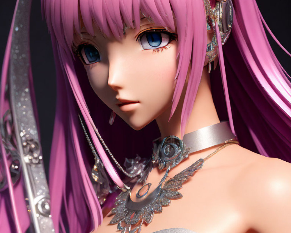 Detailed 3D illustration of female character with long pink hair and ornate silver jewelry