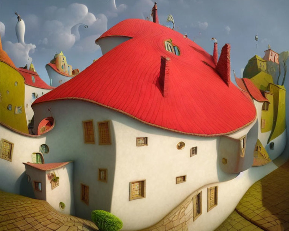 Curved architecture with red roof in fantasy village scene