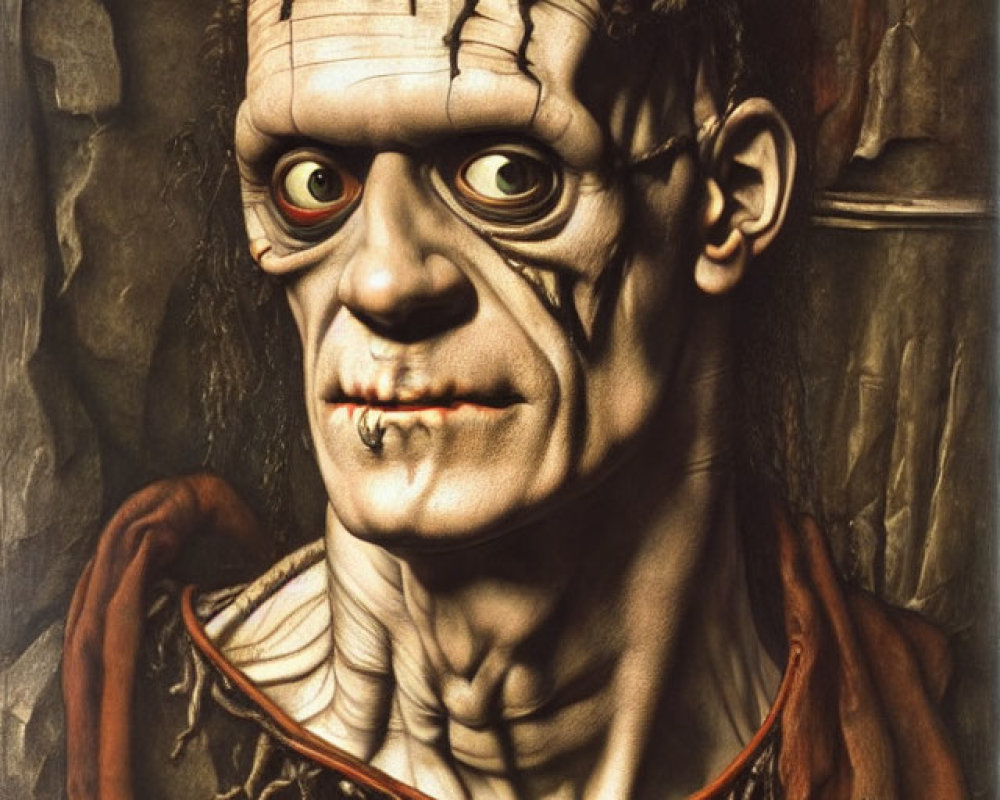 Detailed depiction of Frankenstein's monster with facial stitches and intense eyes in tattered garment.