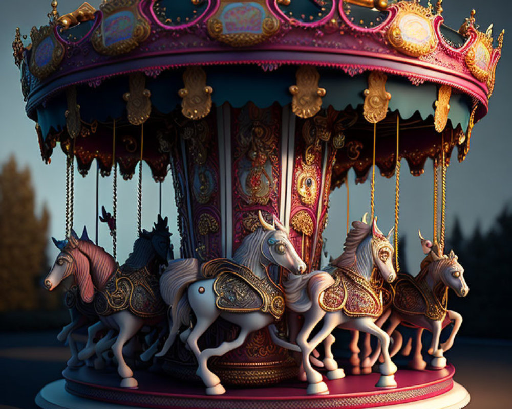 Ornate Carousel with Horses and Unicorns at Dusk