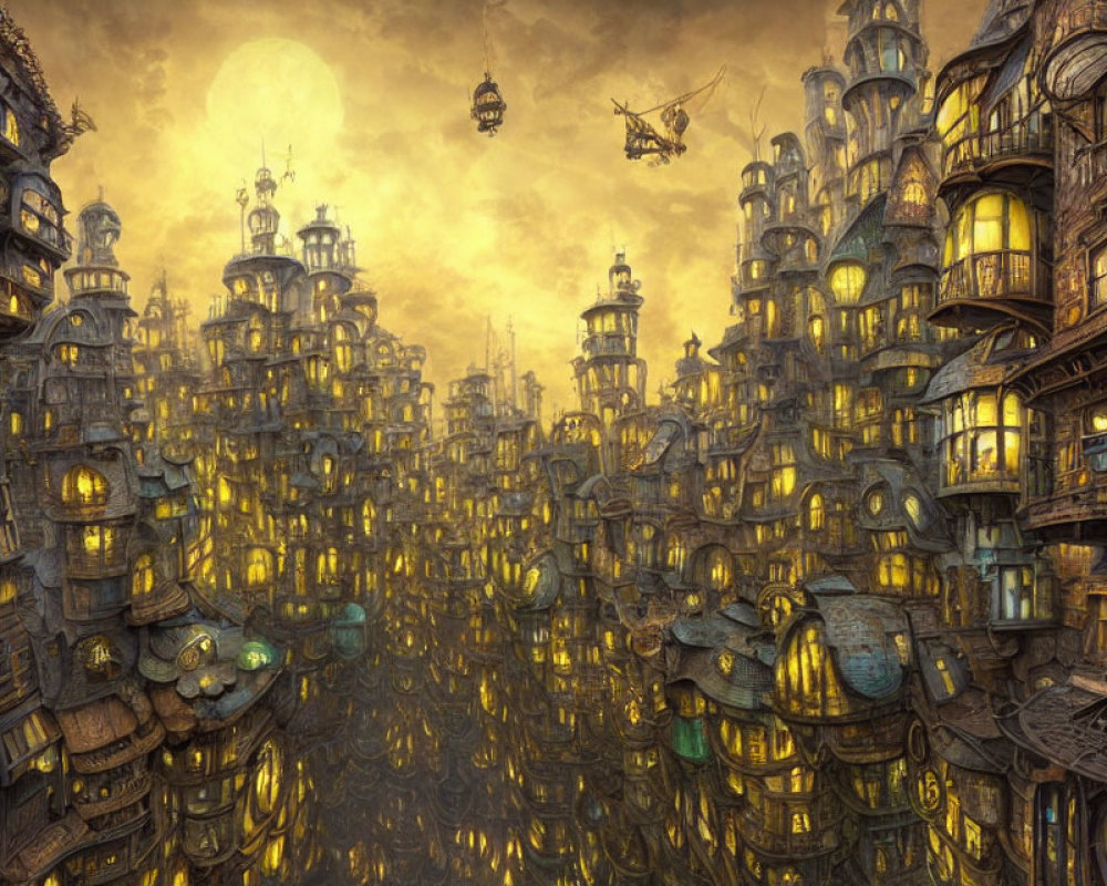 Steampunk cityscape with high-rise buildings, airships, and glowing windows