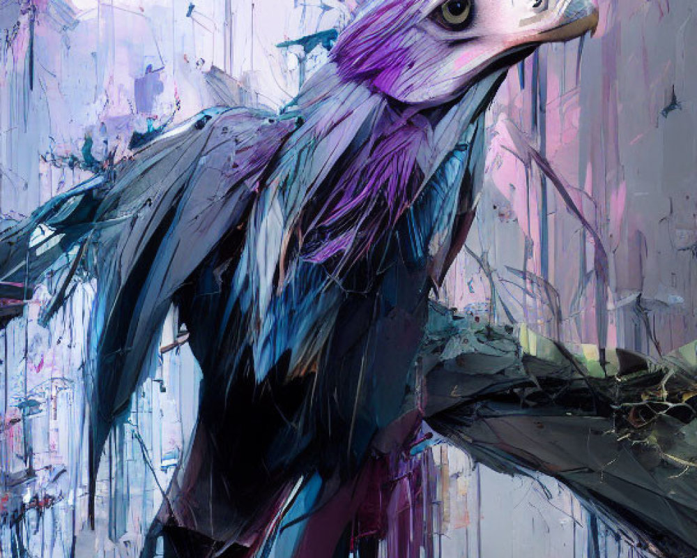 Colorful Digital Painting: Eagle with Purple Head on Abstract Cool Background