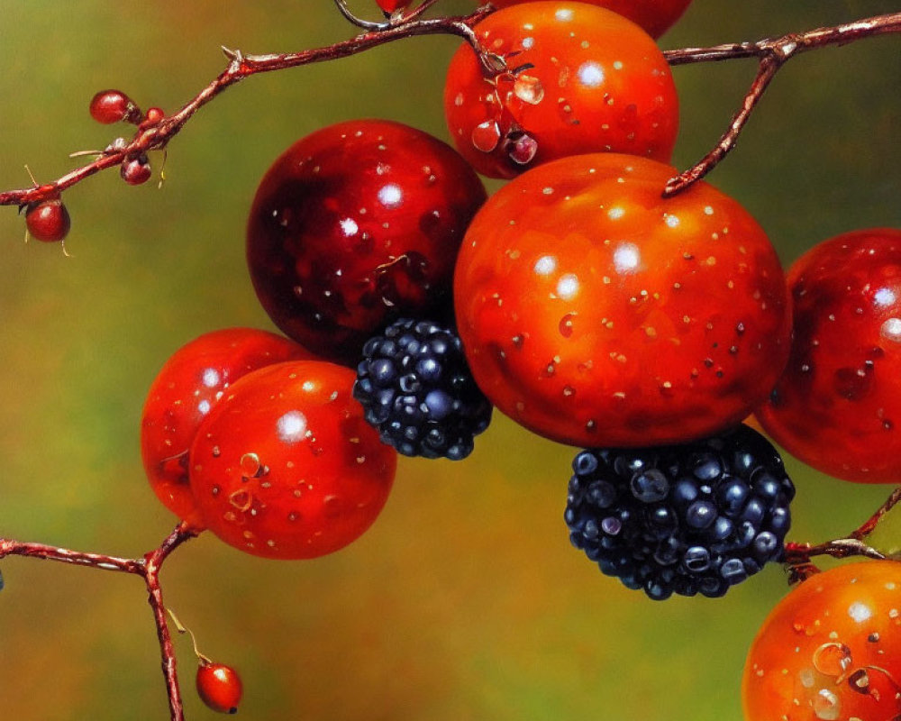 Detailed Painting of Dew-Covered Berries on Green Background