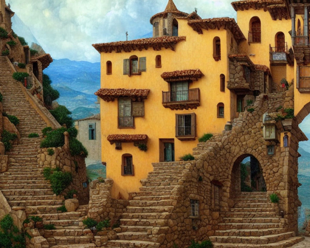 Stone village painting with terracotta-roofed houses and mountain backdrop