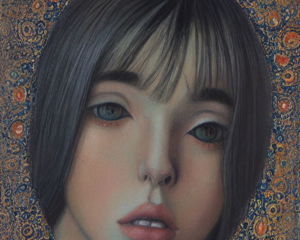 Portrait of a girl with bobbed hair in blue, orange, and gold mosaic background