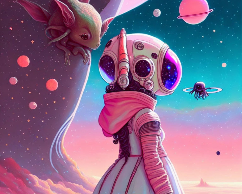 Whimsical space scene with humanoid astronaut and cute green alien