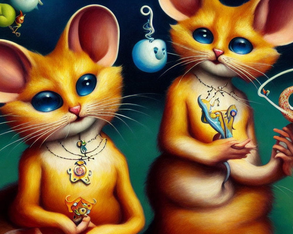 Stylized anthropomorphic orange cats with expressive eyes and whimsical trinkets engaging with toy-like