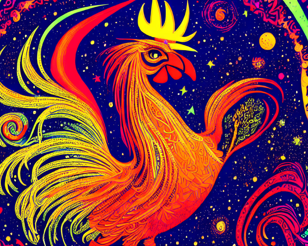 Colorful psychedelic rooster illustration with celestial motifs