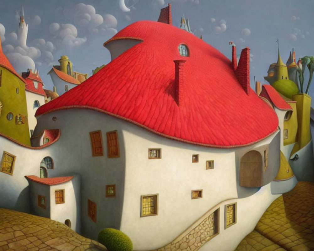 Quirky village painting with mushroom house & red roof