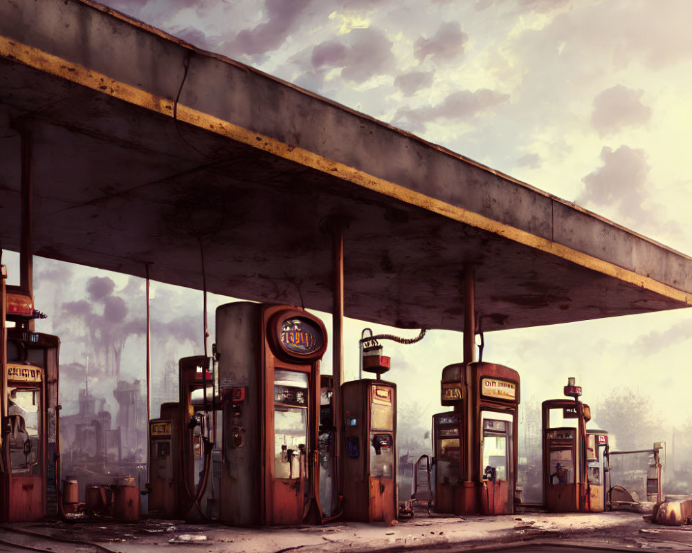 Abandoned gas station with vintage pumps and decaying overhang in dystopian setting