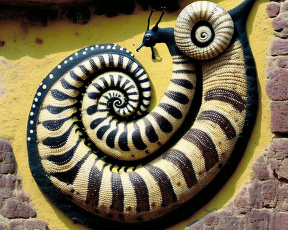 Whimsical snail sculpture with spiral shell on yellow wall