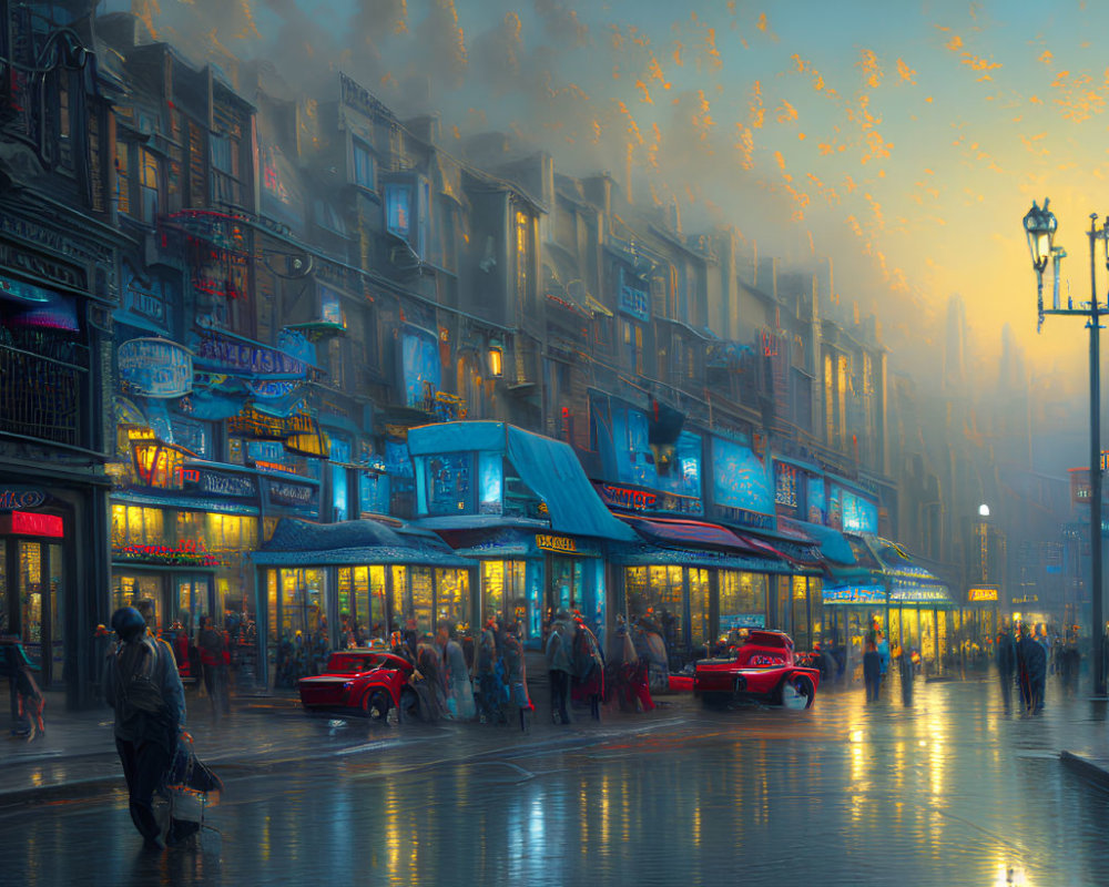 Vibrant cityscape at dusk with neon lights, classic cars, and pedestrians on rain-slick