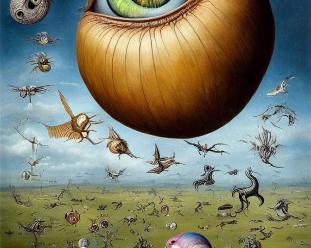 Surreal art: Multiple eyes above whimsical landscape