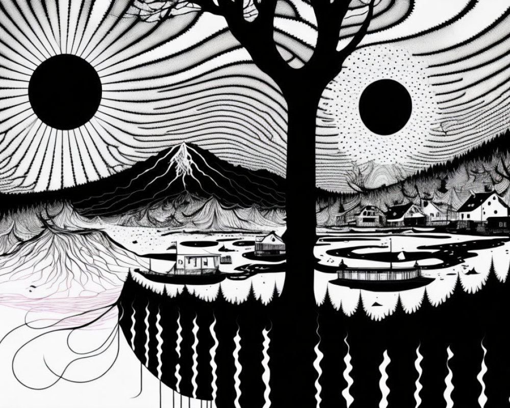 Monochrome surreal landscape with dual suns, optical illusions, and snow-capped mountain