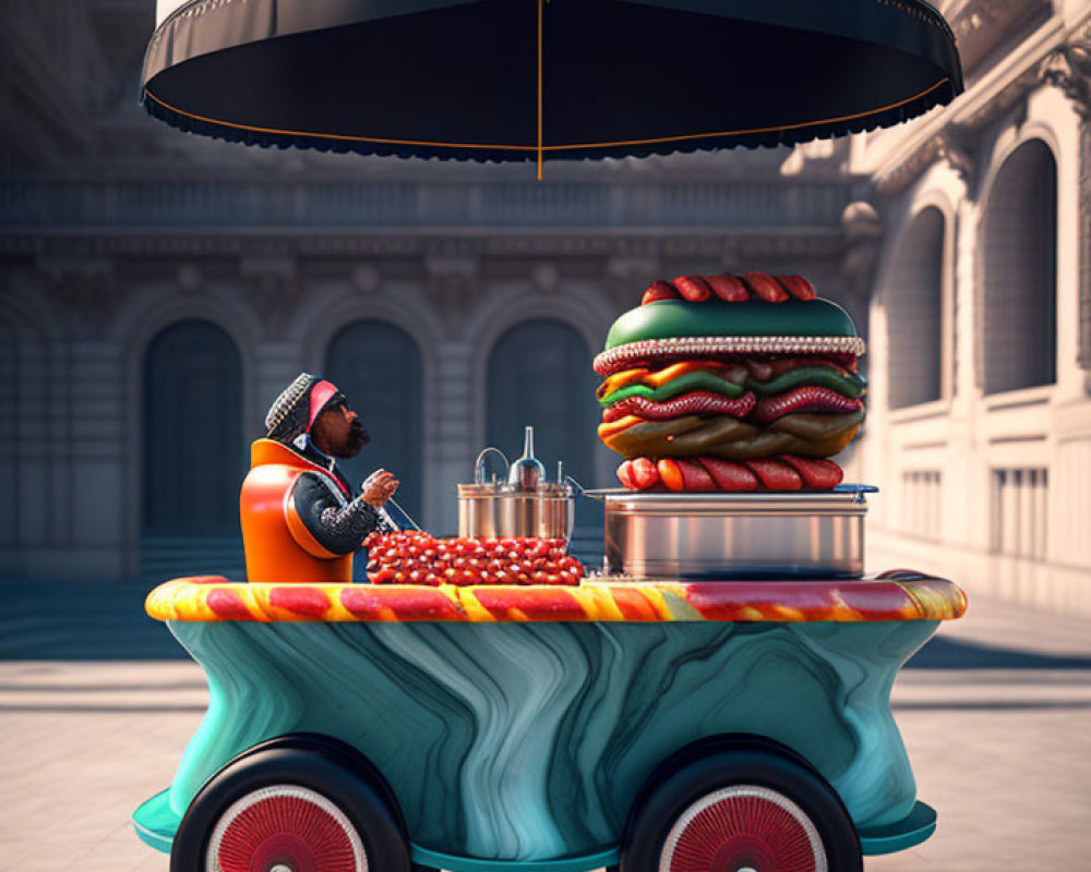 Person in headscarf sells oversized hamburger from colorful cart in classical architecture setting