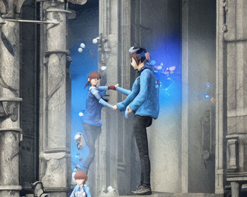 Two people high-fiving in stone archway with blue orbs, one person watching.