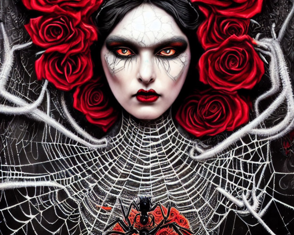 Person with Black and Red Dramatic Makeup, Spiderweb Neck Design, Roses, and Spider Accessories