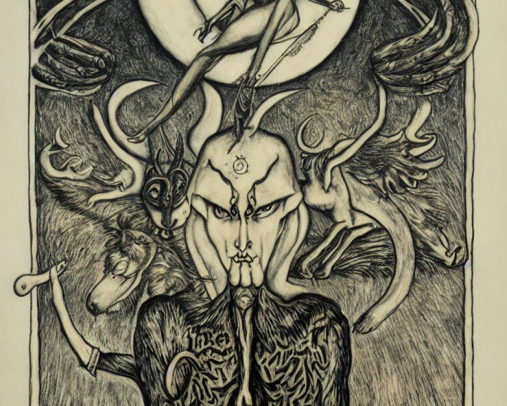 Detailed Illustration of Mystical Figure with Horn-like Protrusions and Occult Symbols Among Fantast