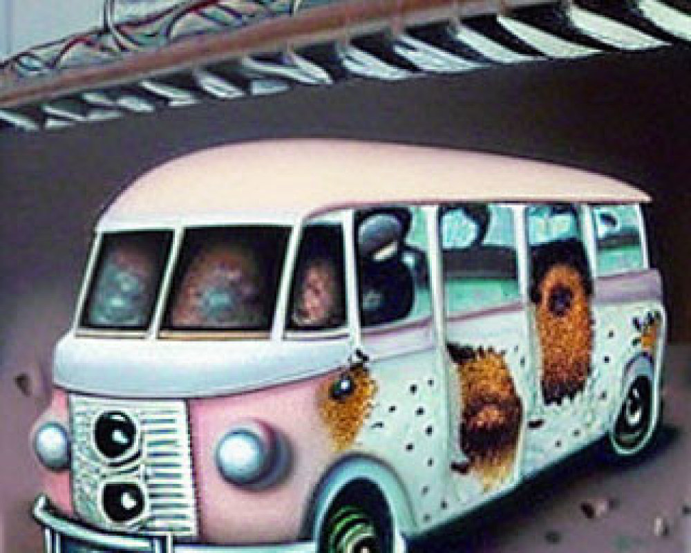 Colorful Vintage Van with Giraffe Spots and Faces Parked Under Roller Coaster Track