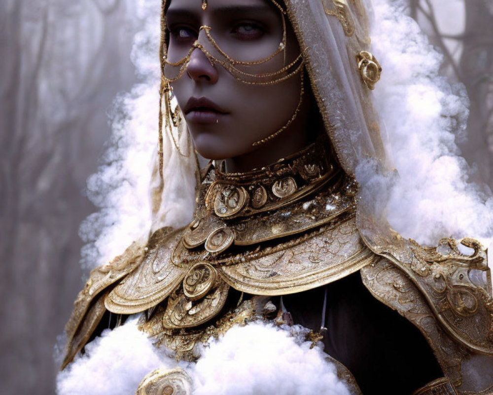 Elaborately adorned figure in golden armor and jewelry in misty forest.