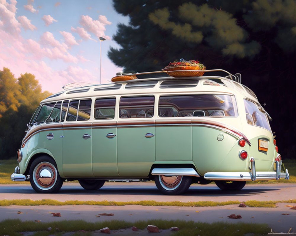 Vintage Green and White Volkswagen Van with Surfboard in Outdoor Setting