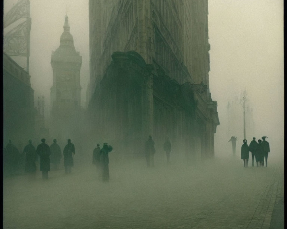 Historical European city street in fog with silhouettes.