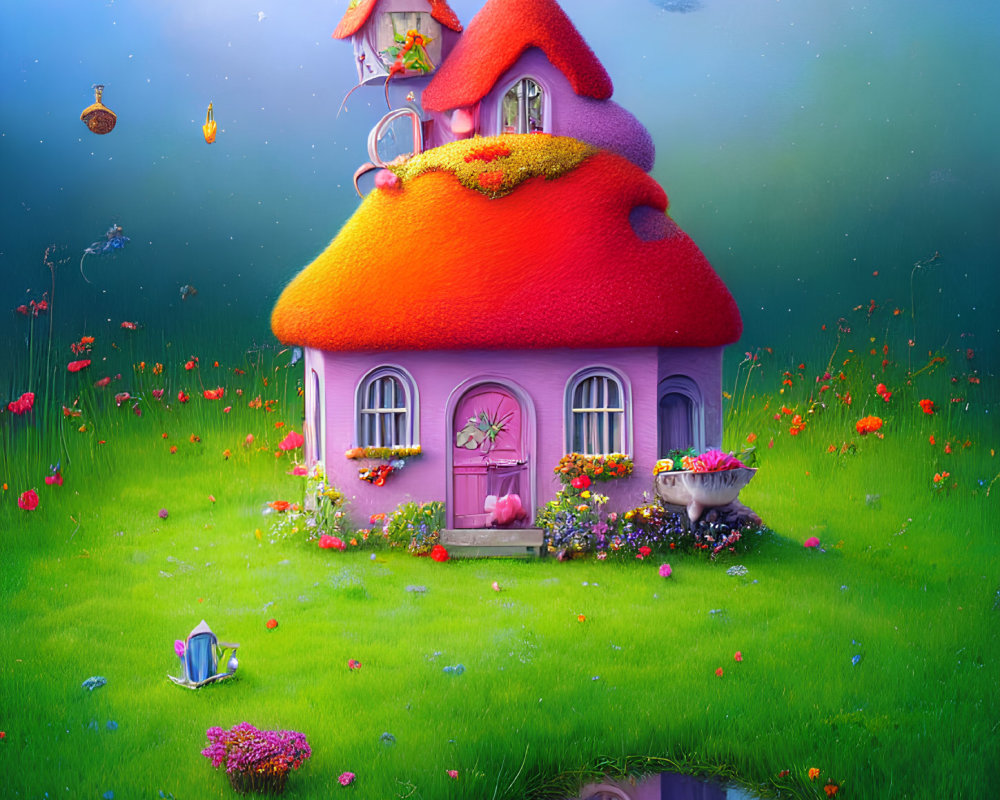 Whimsical pink mushroom house in lush garden landscape