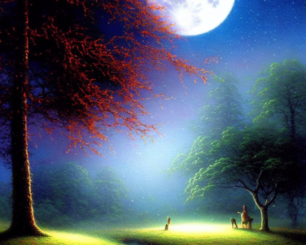 Full Moon Night Scene with Stream, Person, Dog, Trees, and Starry Sky