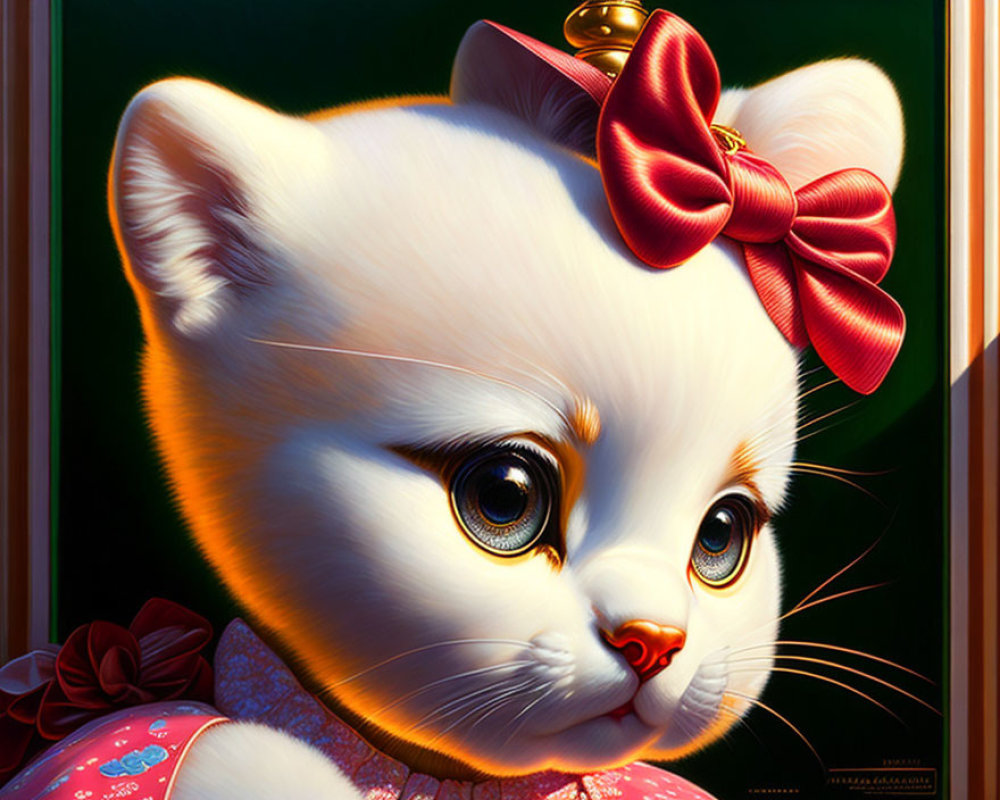 Stylized hyper-realistic white kitten illustration with oversized head and pink accessories