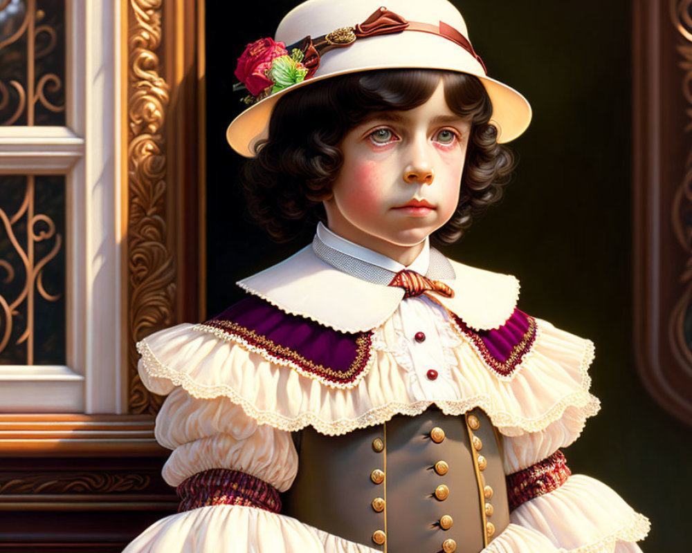 Child portrait in vintage attire with dark wavy hair and red flower hat