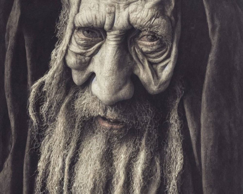 Detailed Artwork: Elderly Character with Deep-set Eyes, Wrinkles, and Long Beard in